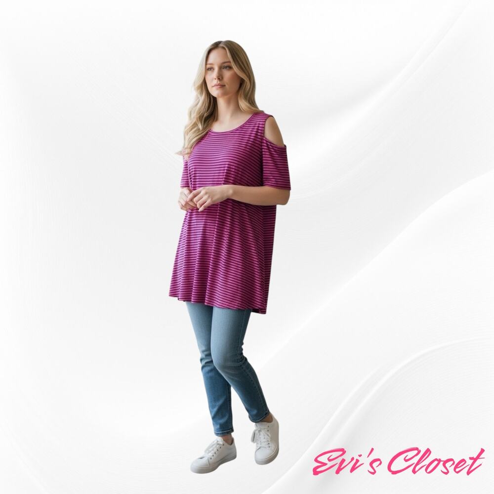 Jones New York Signature Pink Navy Cold Shoulder Top Short Sleeves Size M